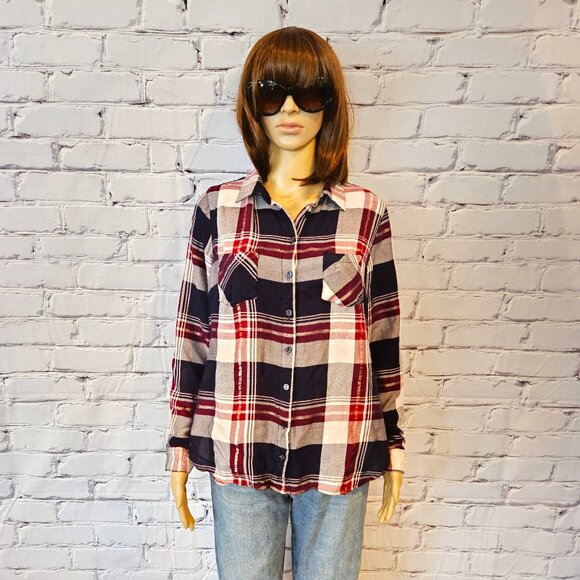 CLEO, Plaid navy/burgundy button down top with slight metallic thread detailing - Picture 3 of 8